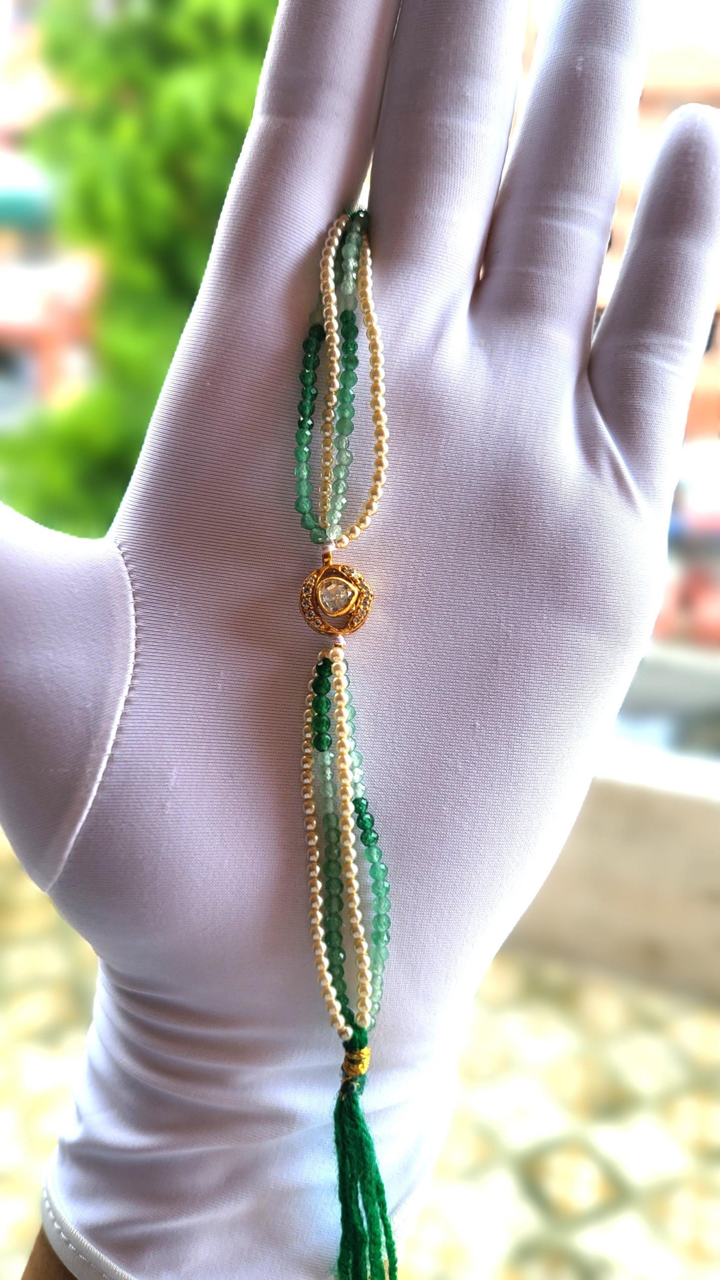 Polki & Natural Bead Multistrand Bracelet – Green & Pearl Harmony