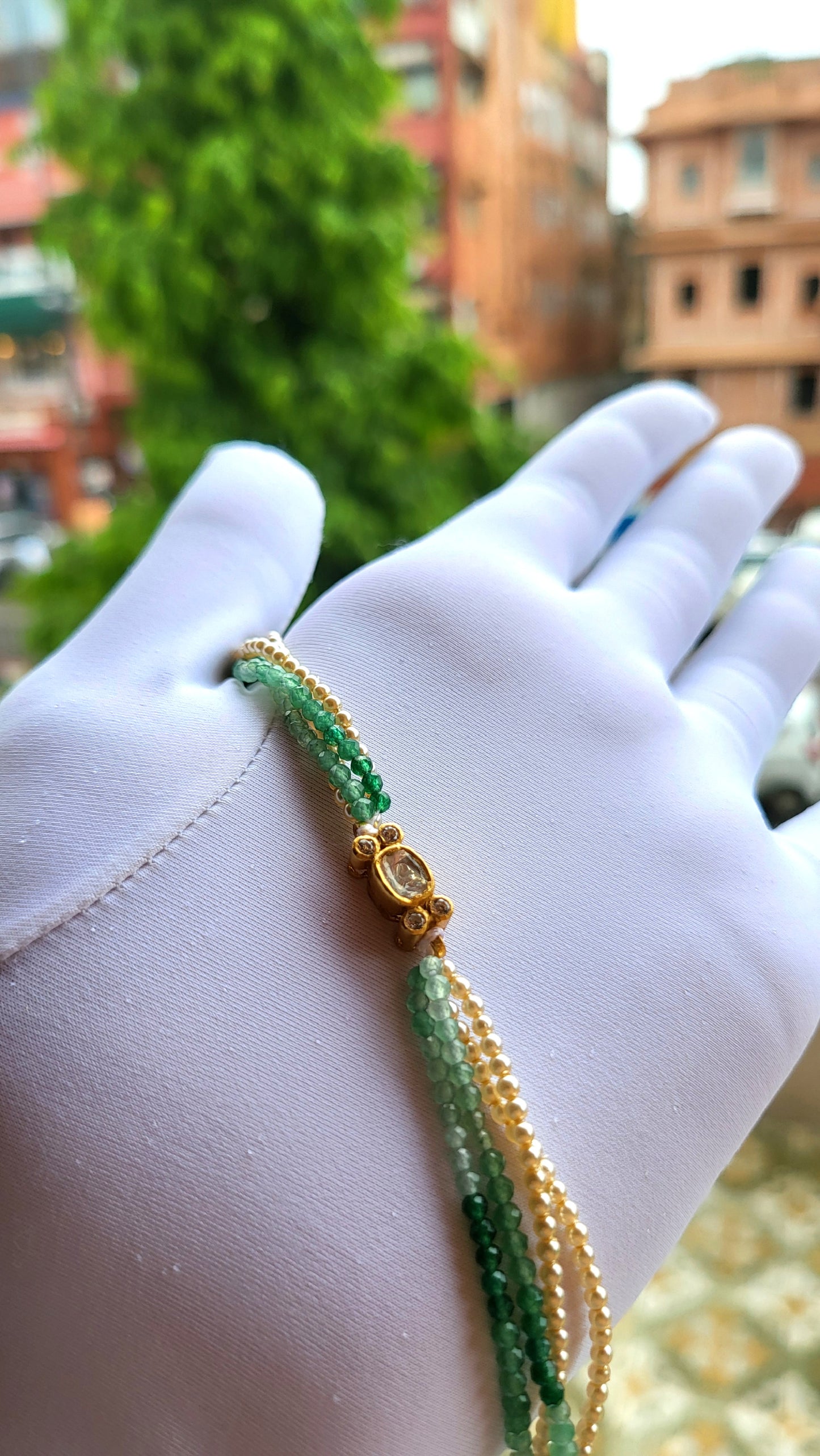 Oval Polki Bracelet with Ombre Beads & Pearls