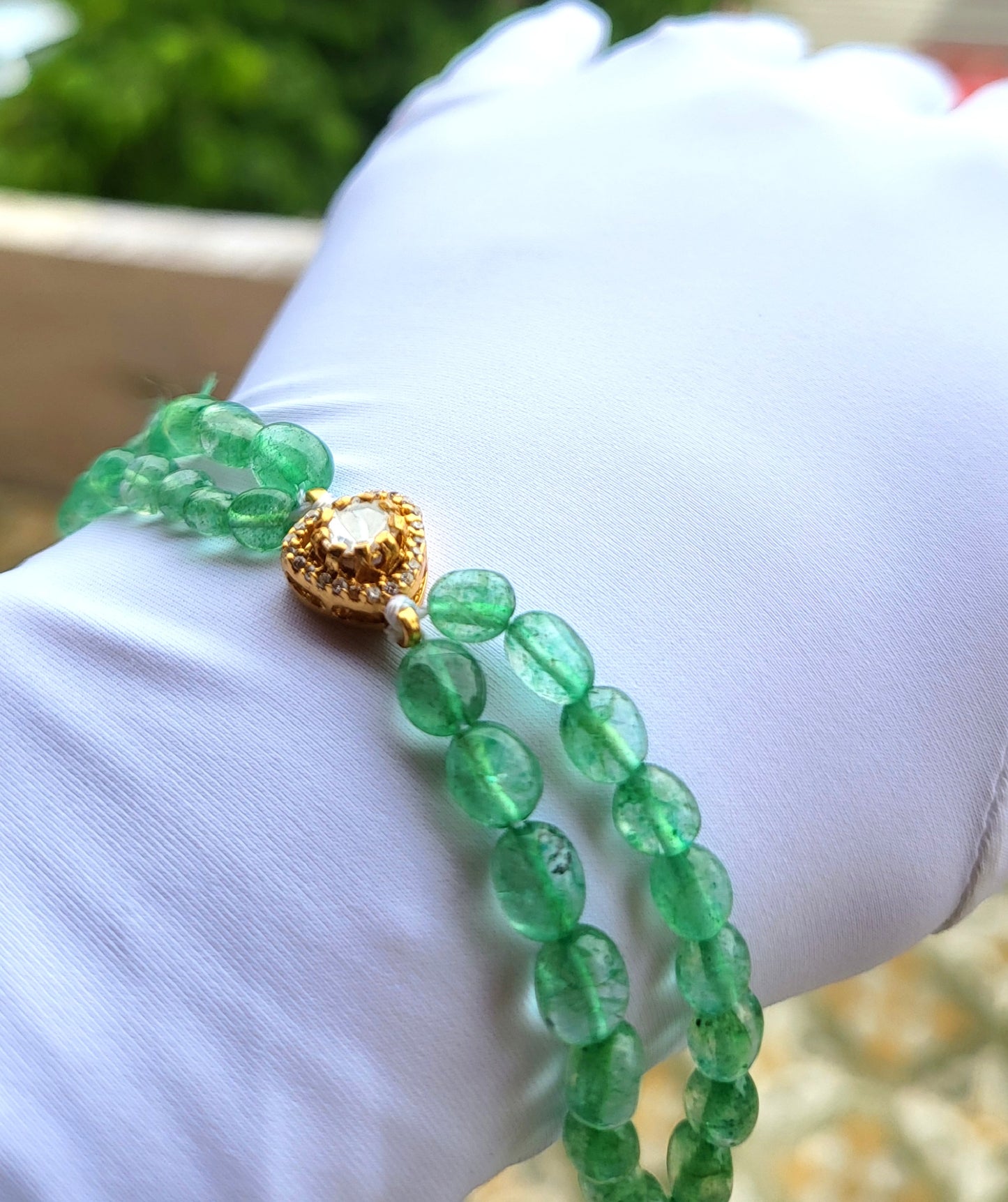 Green Beaded 925 Silver Bracelet with Moissanite Polki Centerpiece