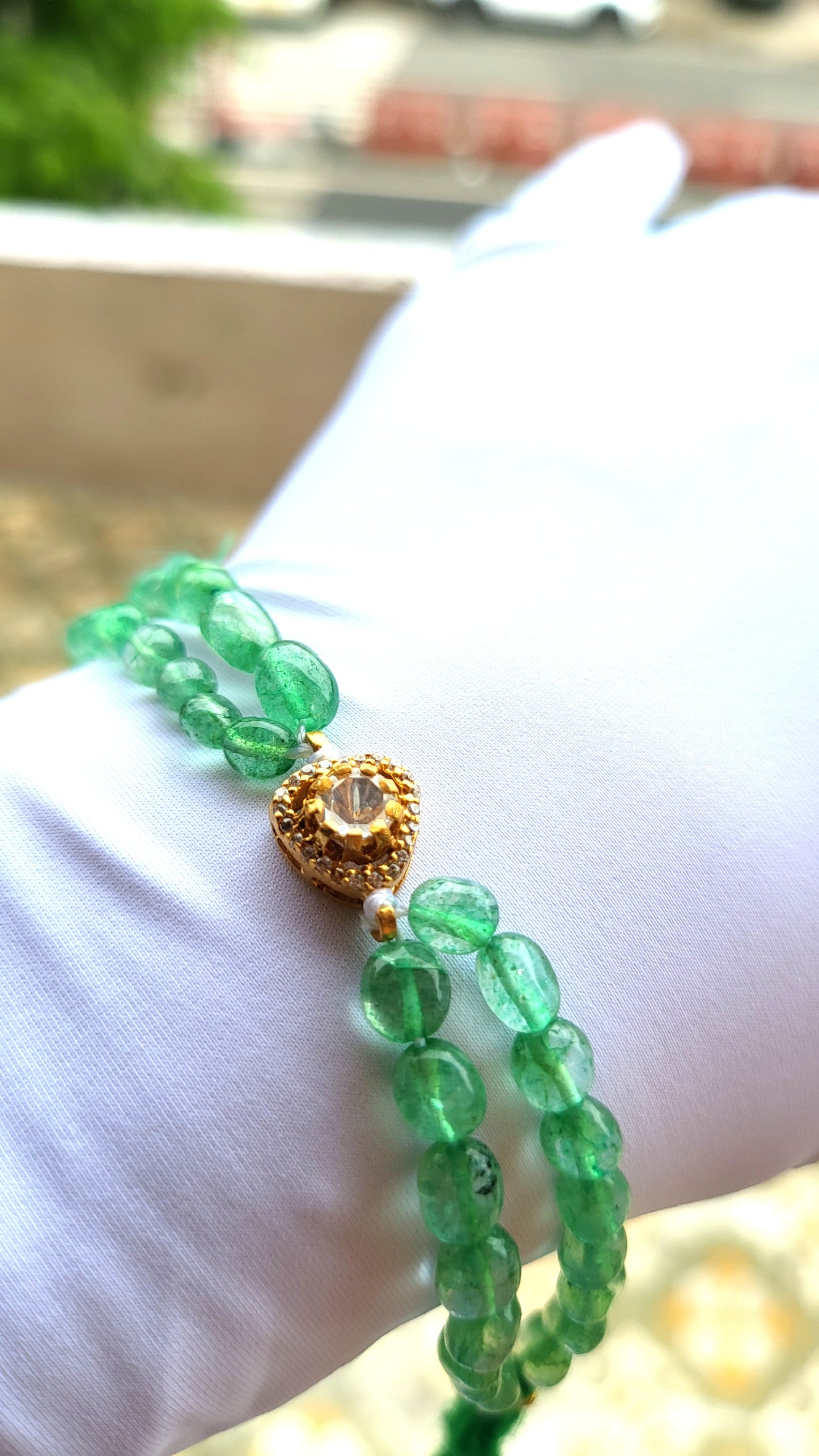 Green Beaded 925 Silver Bracelet with Moissanite Polki Centerpiece