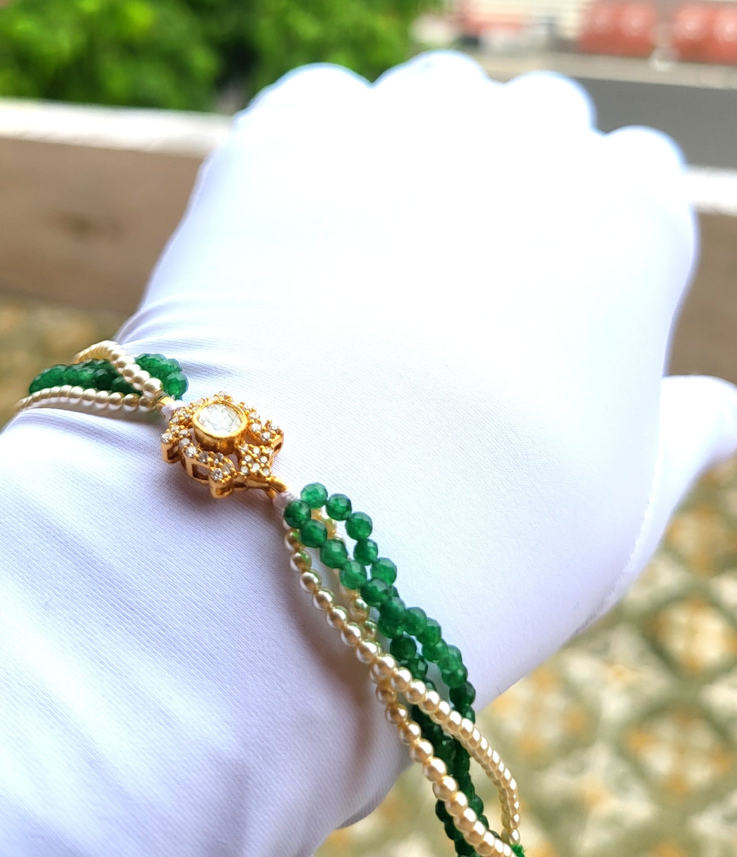 Elegant Polki Bracelet with Green Beads & Swarovski Pearls