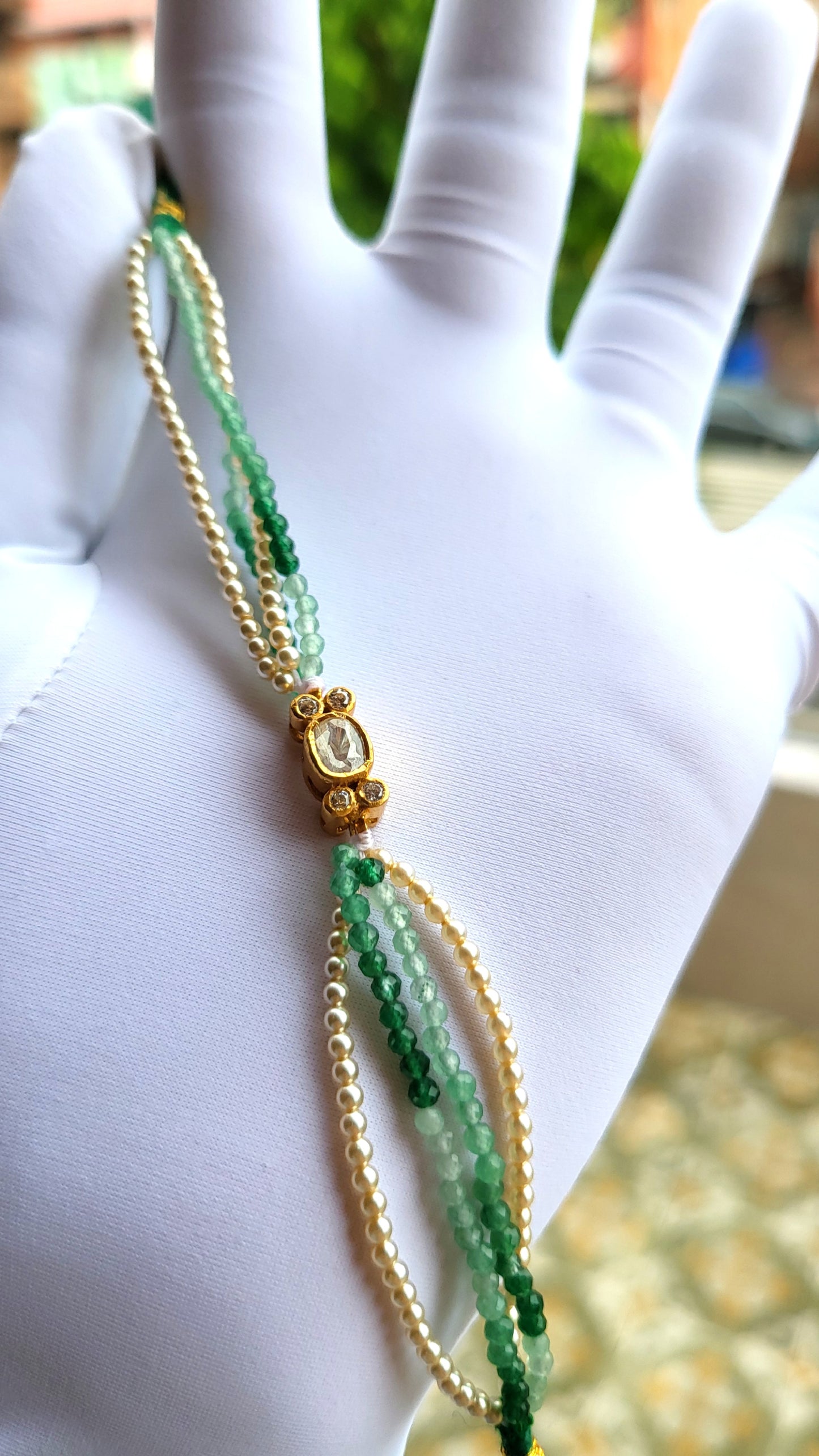Classic Polki Bracelet with Green Beads & Swarovski Pearls