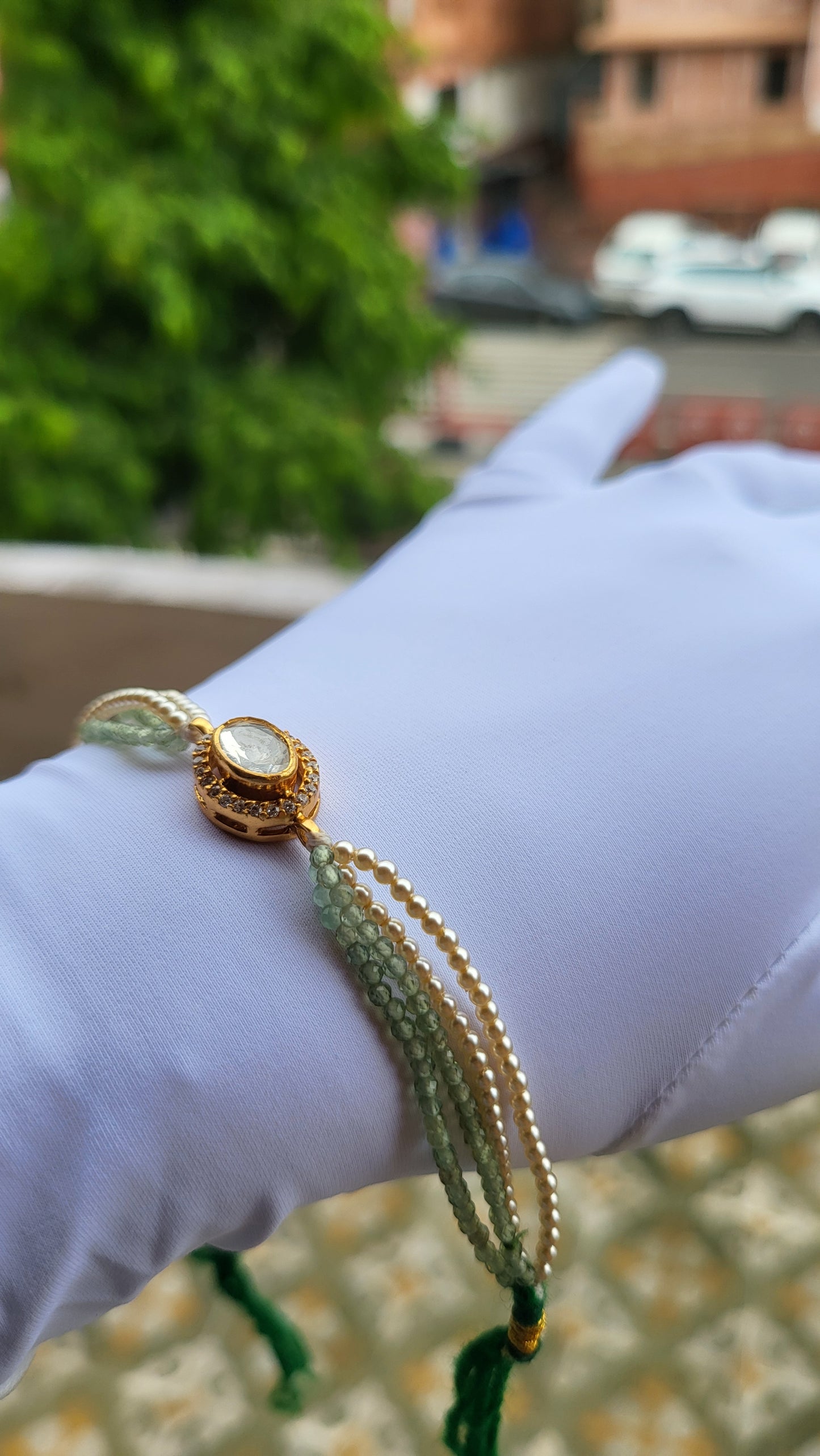 Heritage-Inspired Oval Polki Bracelet in Pastel Green