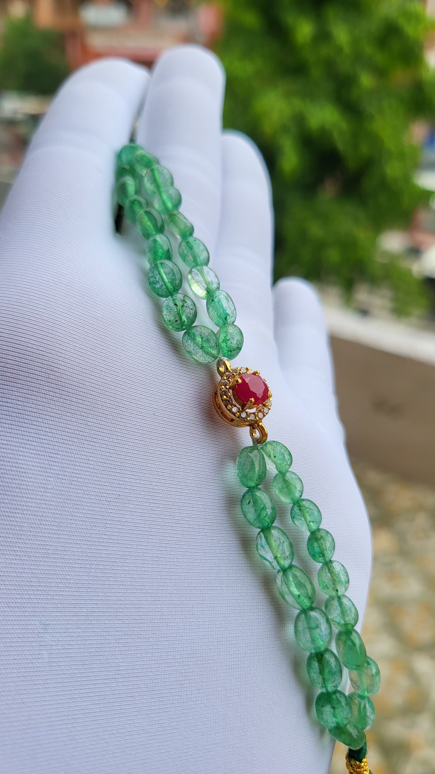 Ruby Bracelet with Green Oval Beads