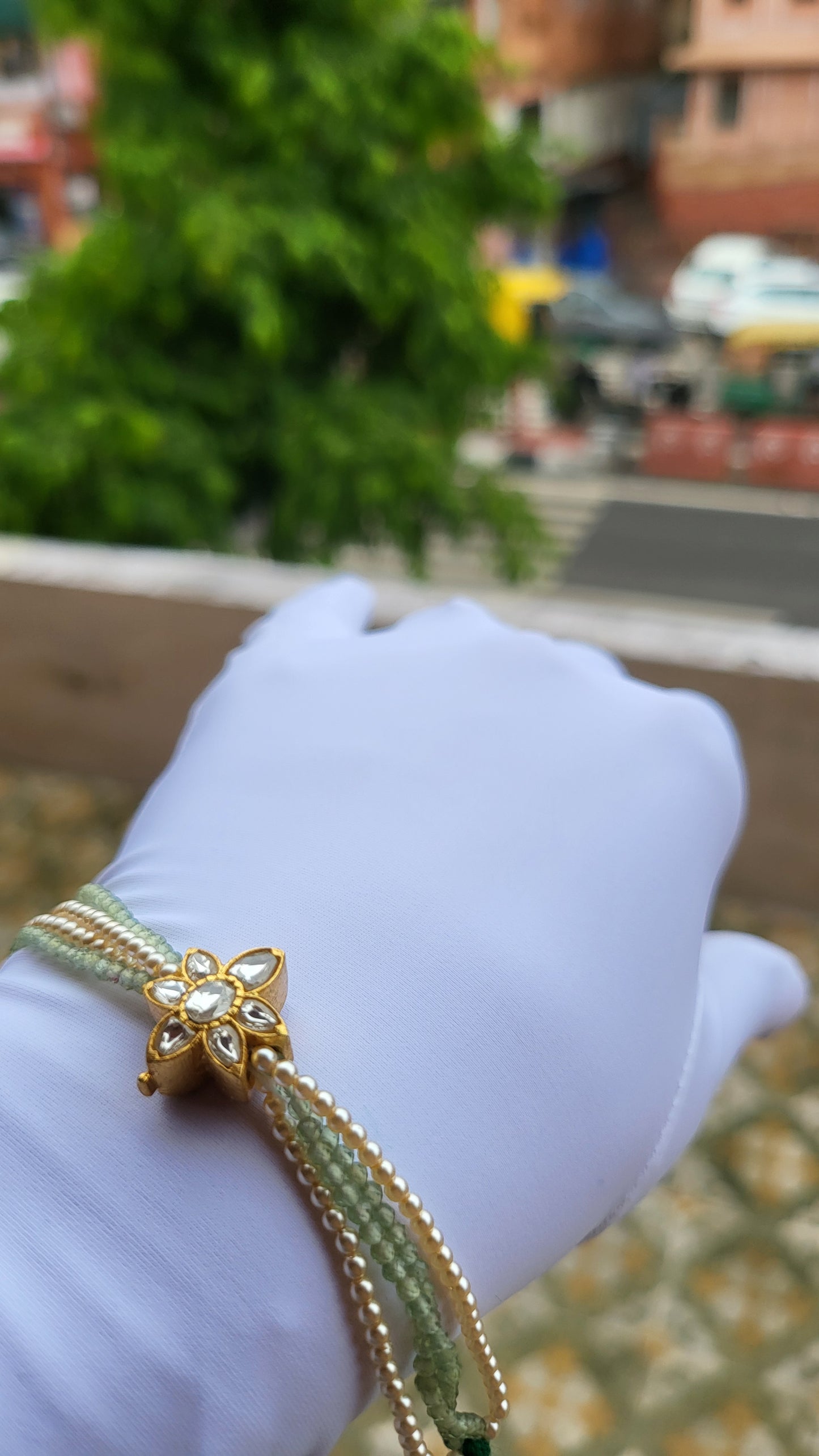 Kundan-Inspired Floral Bracelet with Swarovski Pearls