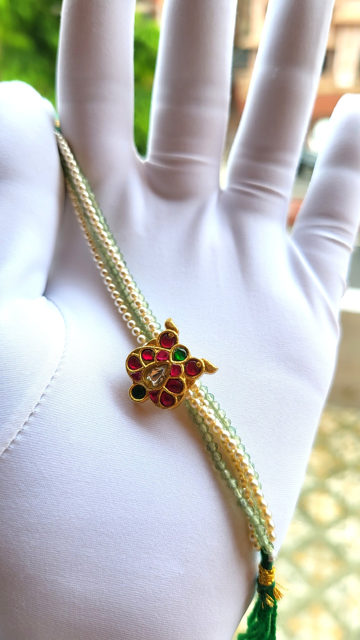 Peacock Motif Bracelet with Red-Green Enamel & Pearl Beads