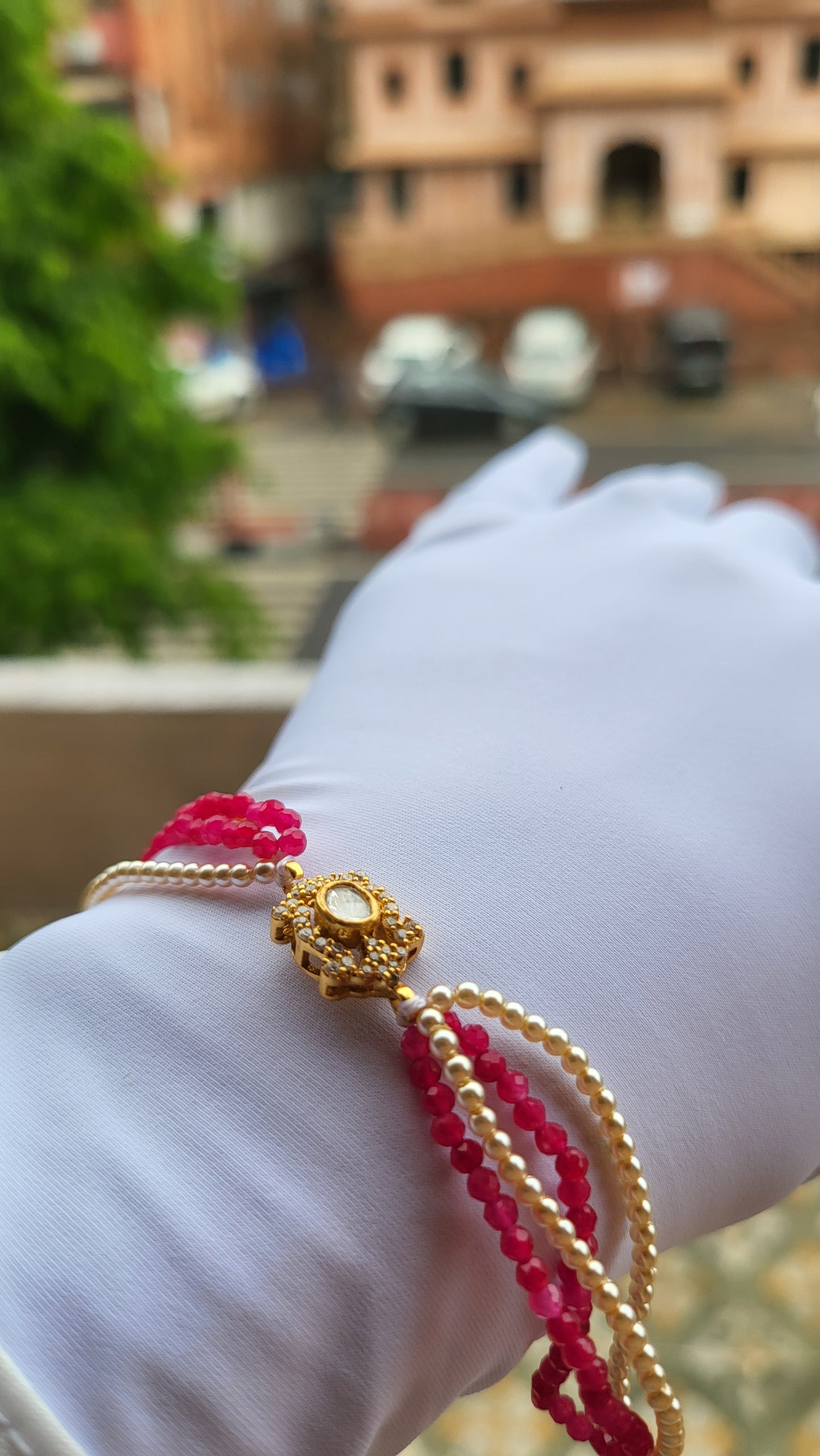 The Zehra Bracelet – Regal Polki with Ruby Beads & Pearl Strands