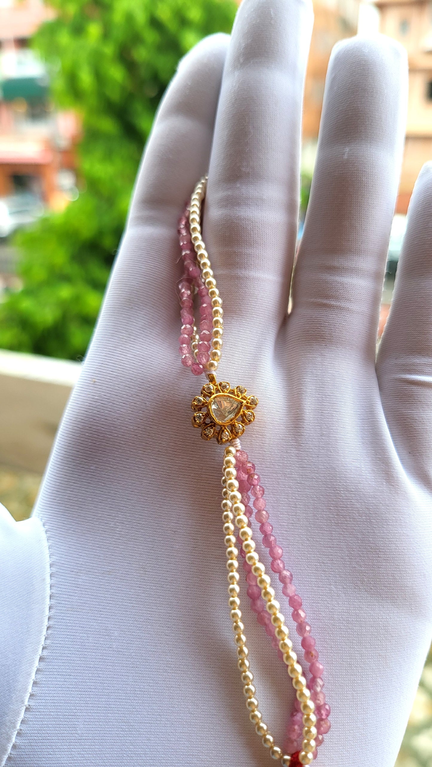 Gulnaar Bracelet – Polki Charm with Blush Pink Beads & Pearls