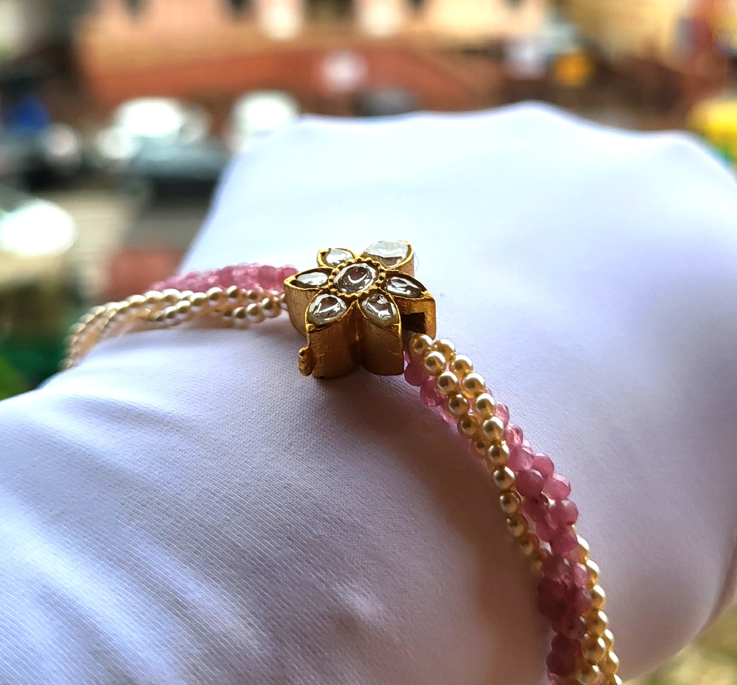 The Sitara Bracelet – Polki Floral Charm with Pink Beads & Pearls