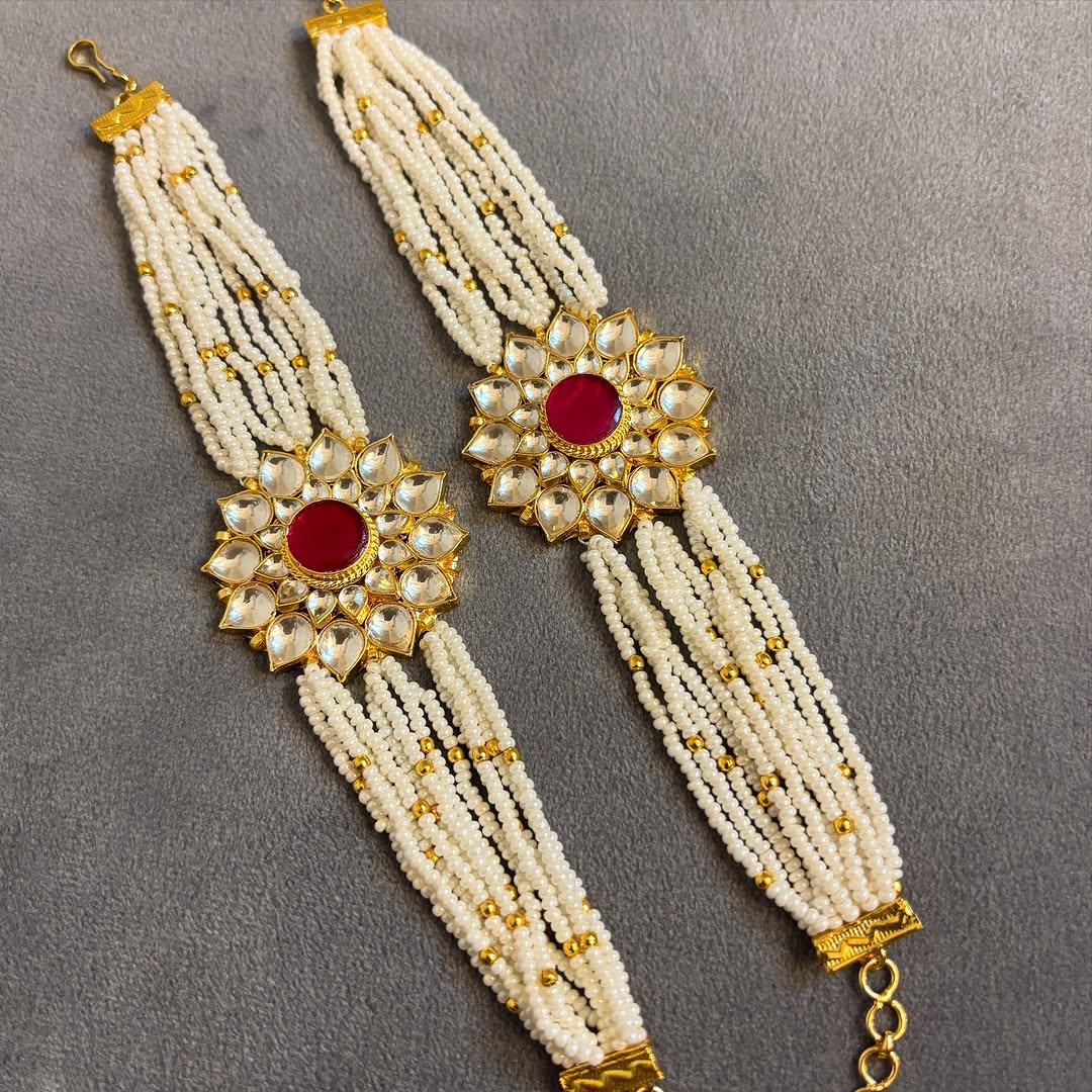 925 Silver Traditional Kundan Pearl Hand Bracelet – Multistrand Beaded Rakhi Style with Red Centerpiece