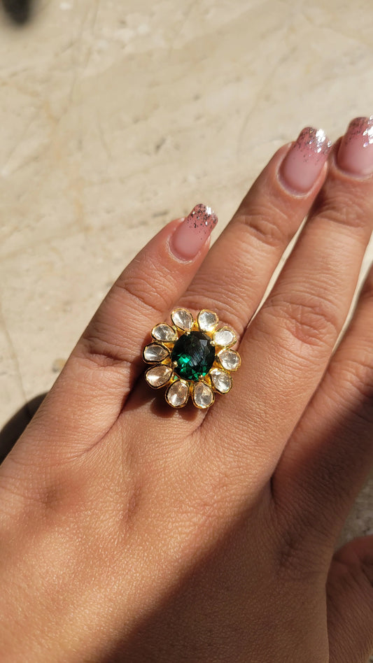 Polki Statement Ring with Emerald Green Center