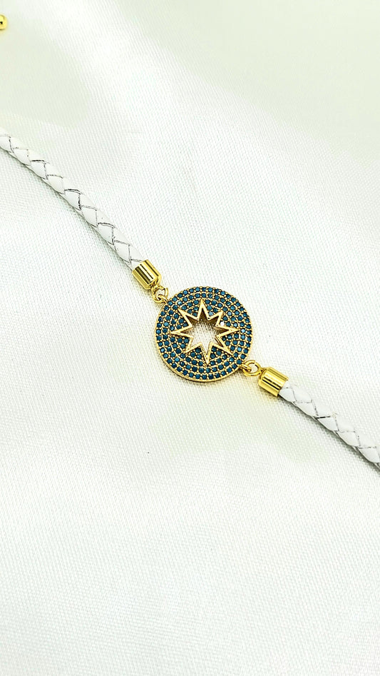 North Star CZ Rakhi on White Braided Cord