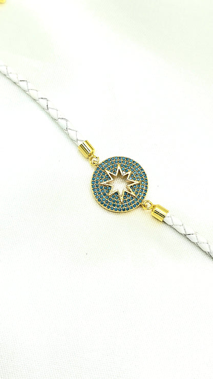 North Star CZ Rakhi on White Braided Cord