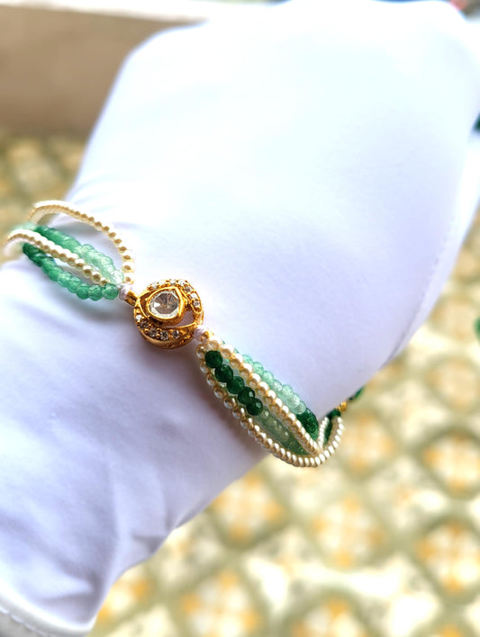 Polki & Natural Bead Multistrand Bracelet – Green & Pearl Harmony
