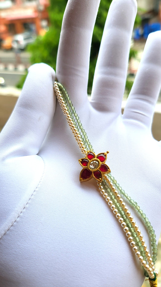 Floral Polki Bracelet – Red Enamel with Green Beads & Pearls