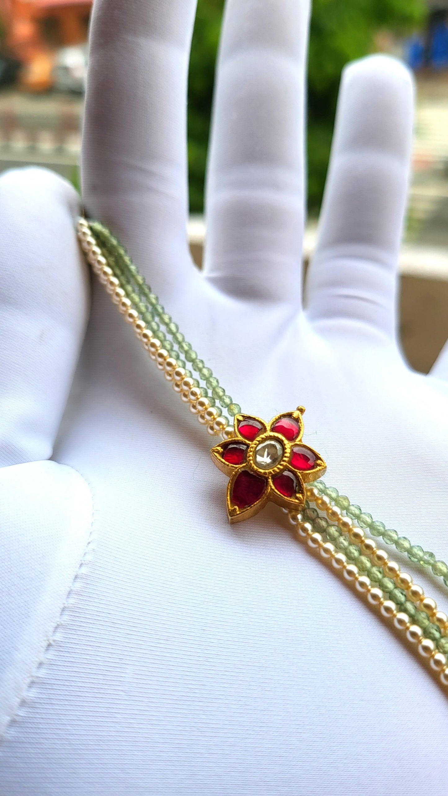 Floral Polki Bracelet – Red Enamel with Green Beads & Pearls