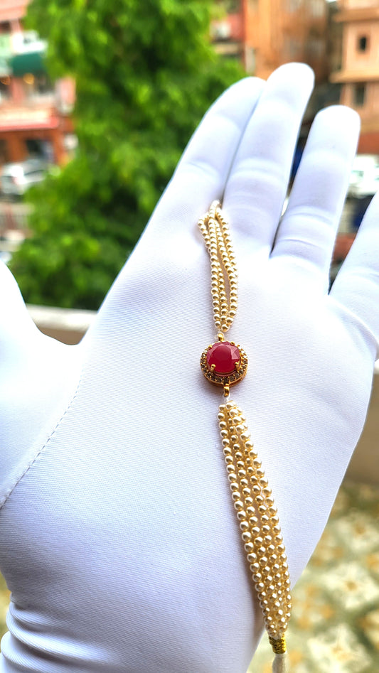 Red Stone Centerpiece Pearl Strand Bracelet