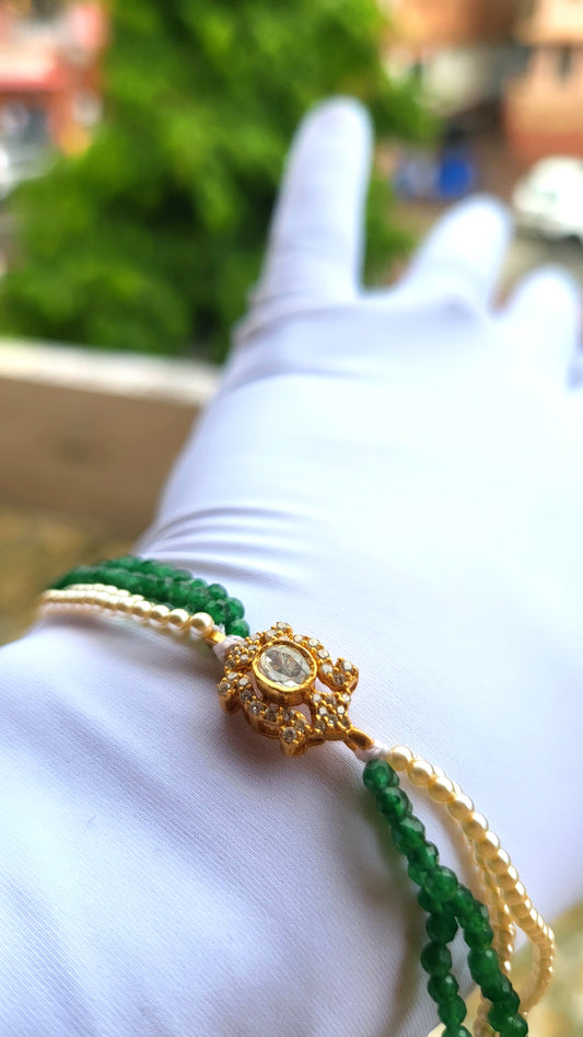 Elegant Polki Bracelet with Green Beads & Swarovski Pearls