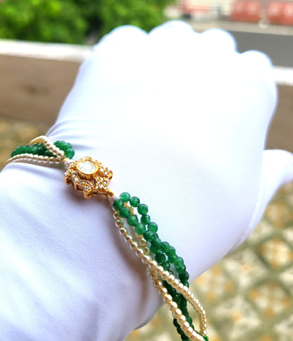 Elegant Polki Bracelet with Green Beads & Swarovski Pearls