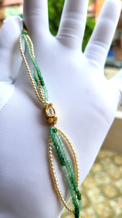 Classic Polki Bracelet with Green Beads & Swarovski Pearls