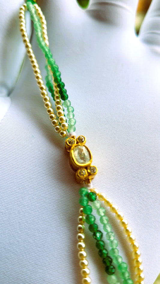 Classic Polki Bracelet with Green Beads & Swarovski Pearls