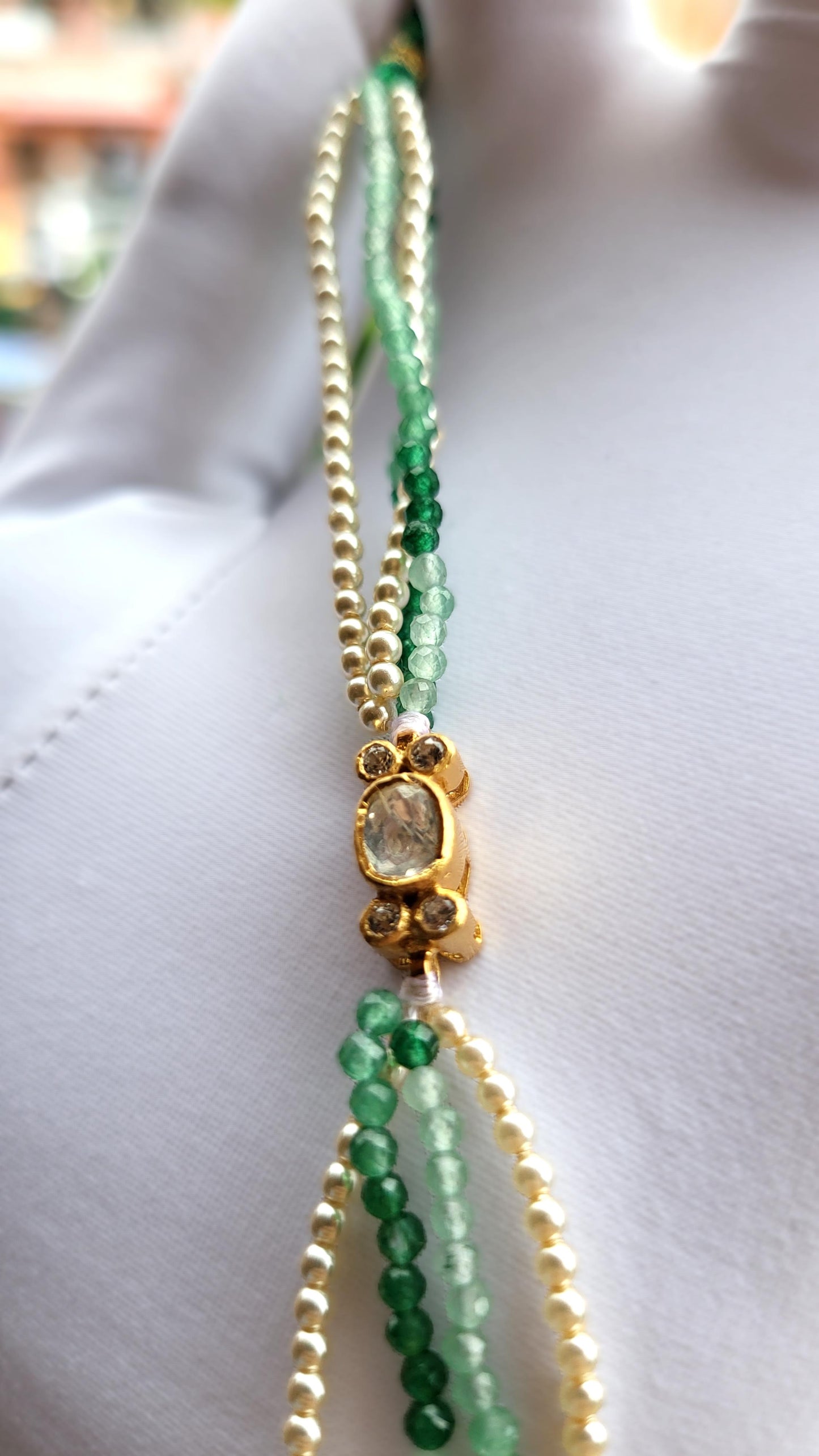 Classic Polki Bracelet with Green Beads & Swarovski Pearls