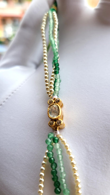 Classic Polki Bracelet with Green Beads & Swarovski Pearls
