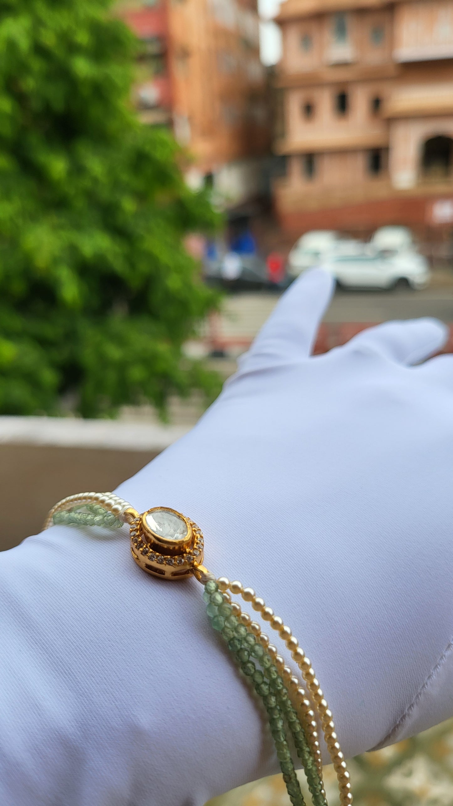 Heritage-Inspired Oval Polki Bracelet in Pastel Green