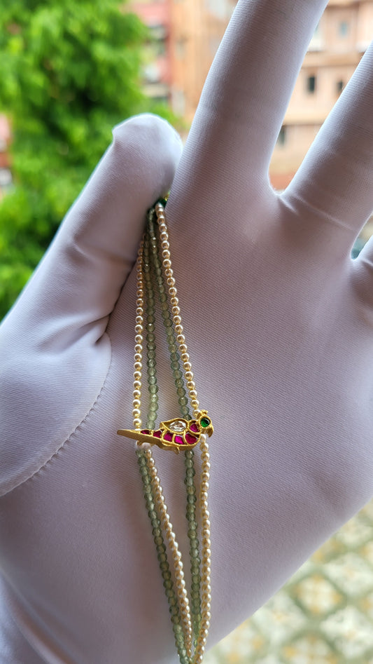 Parrot Motif Bracelet with Green Beads & Swarovski Pearls