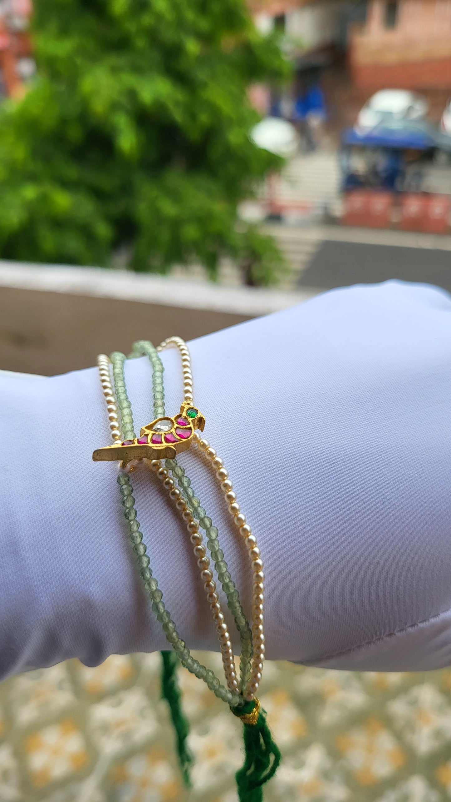 Parrot Motif Bracelet with Green Beads & Swarovski Pearls
