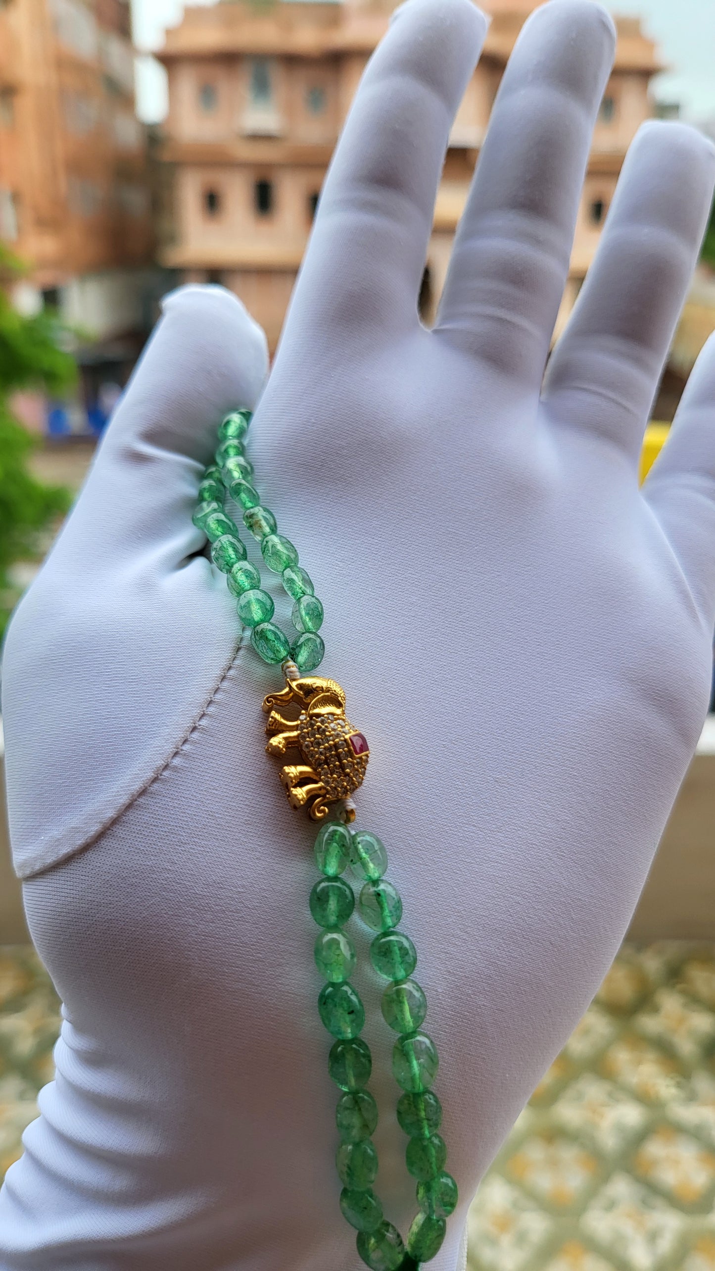 Elephant Charm Bracelet with Natural Green Beads