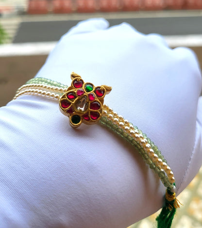 Peacock Motif Bracelet with Red-Green Enamel & Pearl Beads