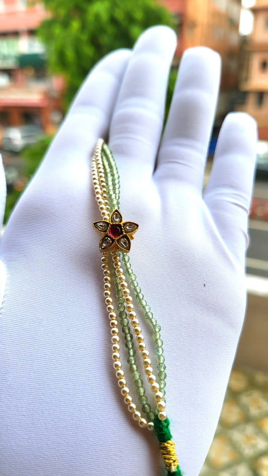 Five-Petal Polki Bracelet with Ruby Center & Pearl Beads