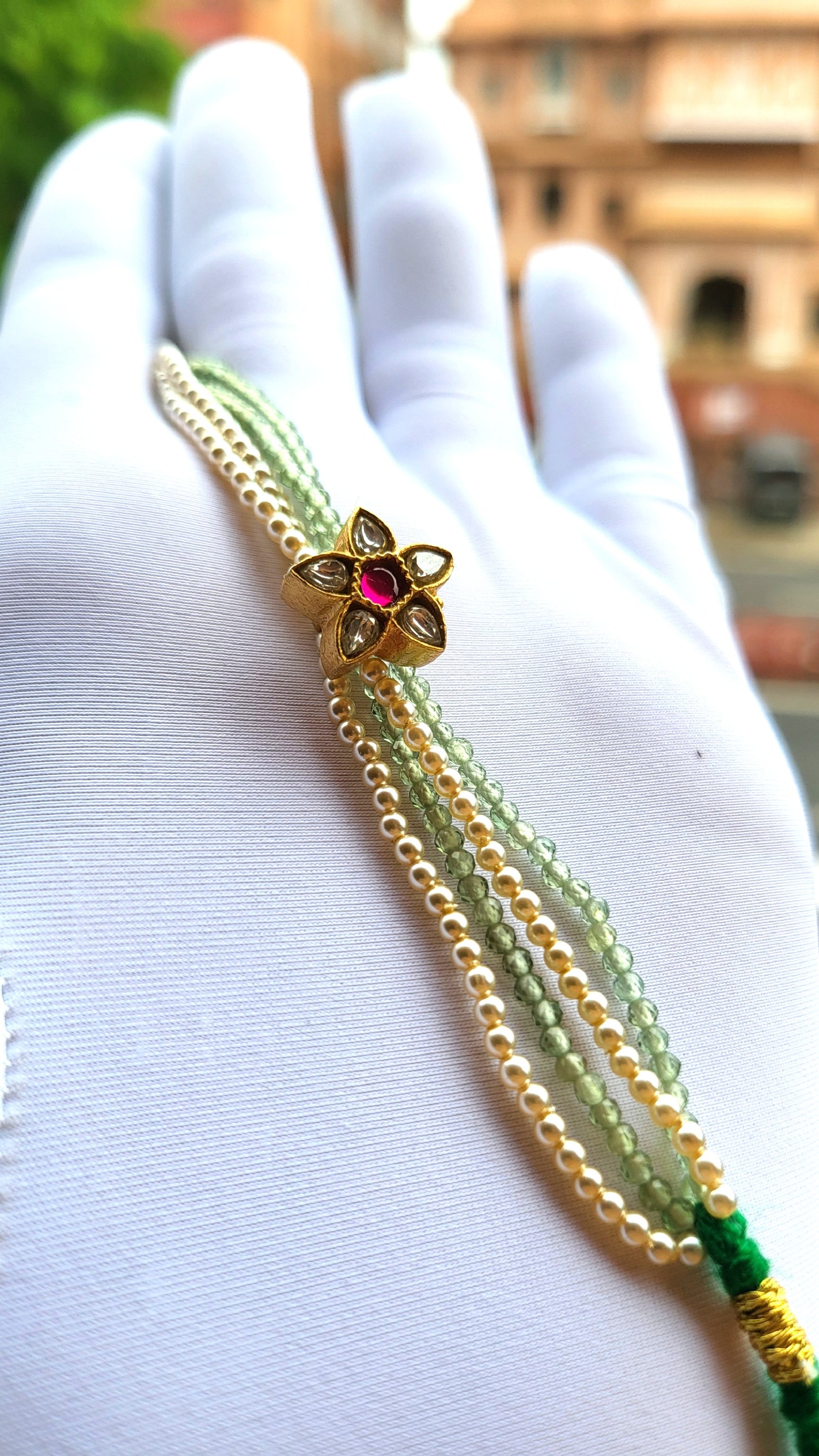Five-Petal Polki Bracelet with Ruby Center & Pearl Beads