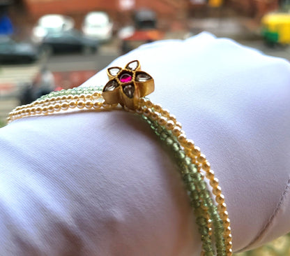 Five-Petal Polki Bracelet with Ruby Center & Pearl Beads