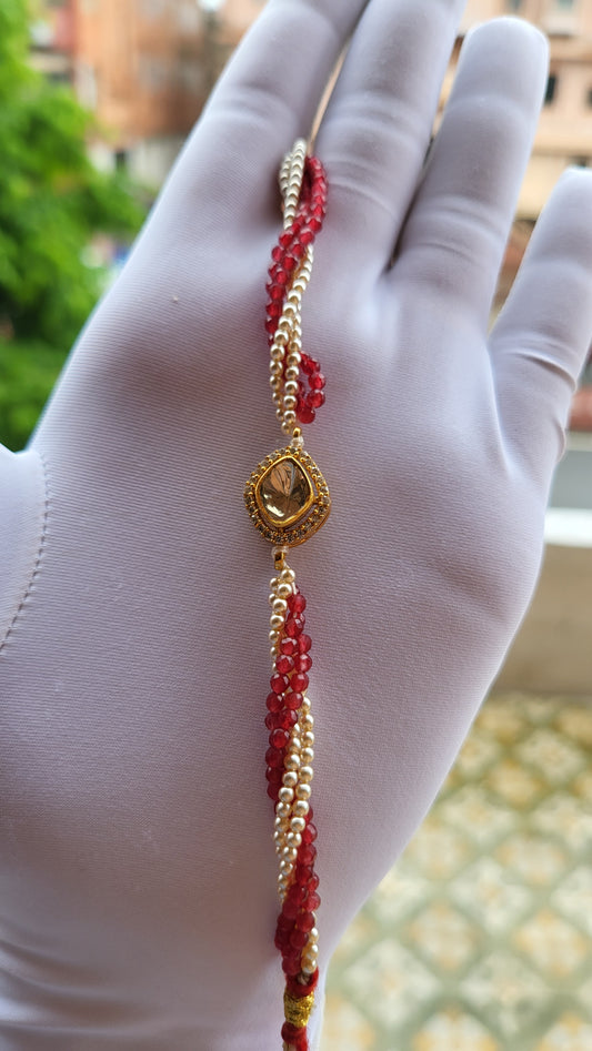Teardrop Polki Bracelet with Ruby Red Beads & Swarovski Pearls