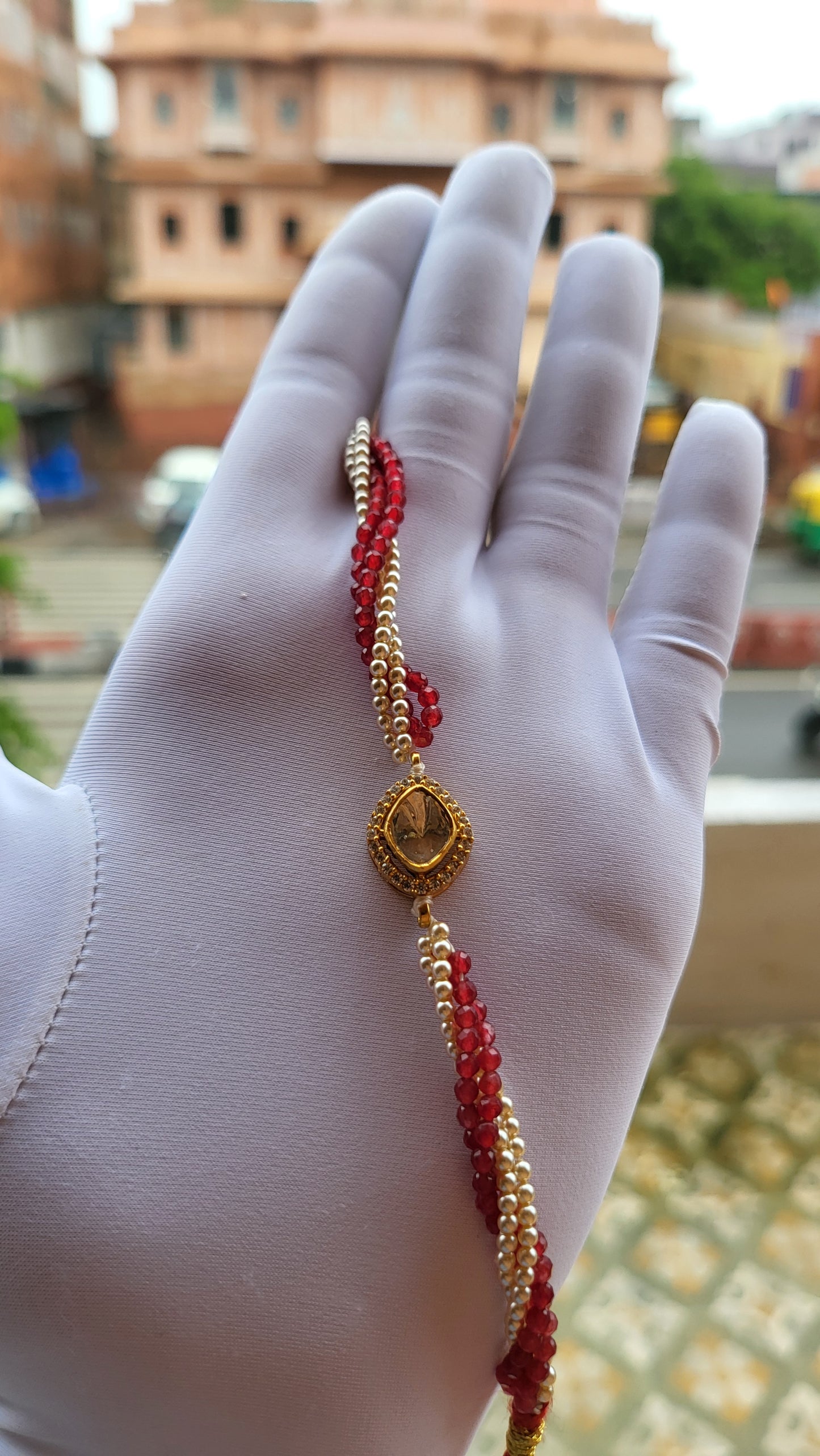 Teardrop Polki Bracelet with Ruby Red Beads & Swarovski Pearls