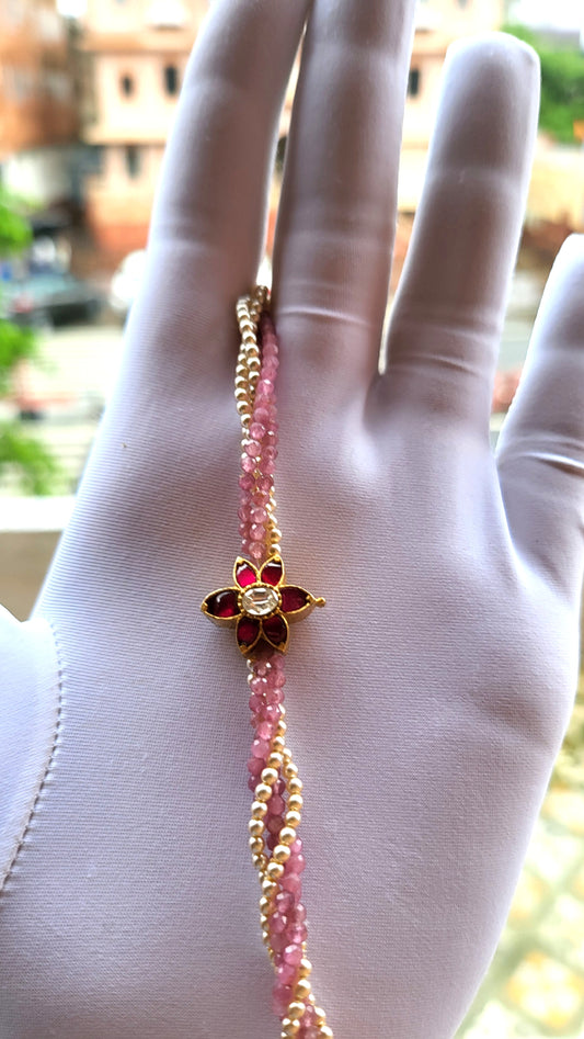 The Roohi Bracelet – Ruby Enamel Flower with Blush Pink Beads & Pearls