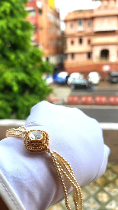 The Nargis Bracelet – Double Halo Polki Center with Pearl Strands