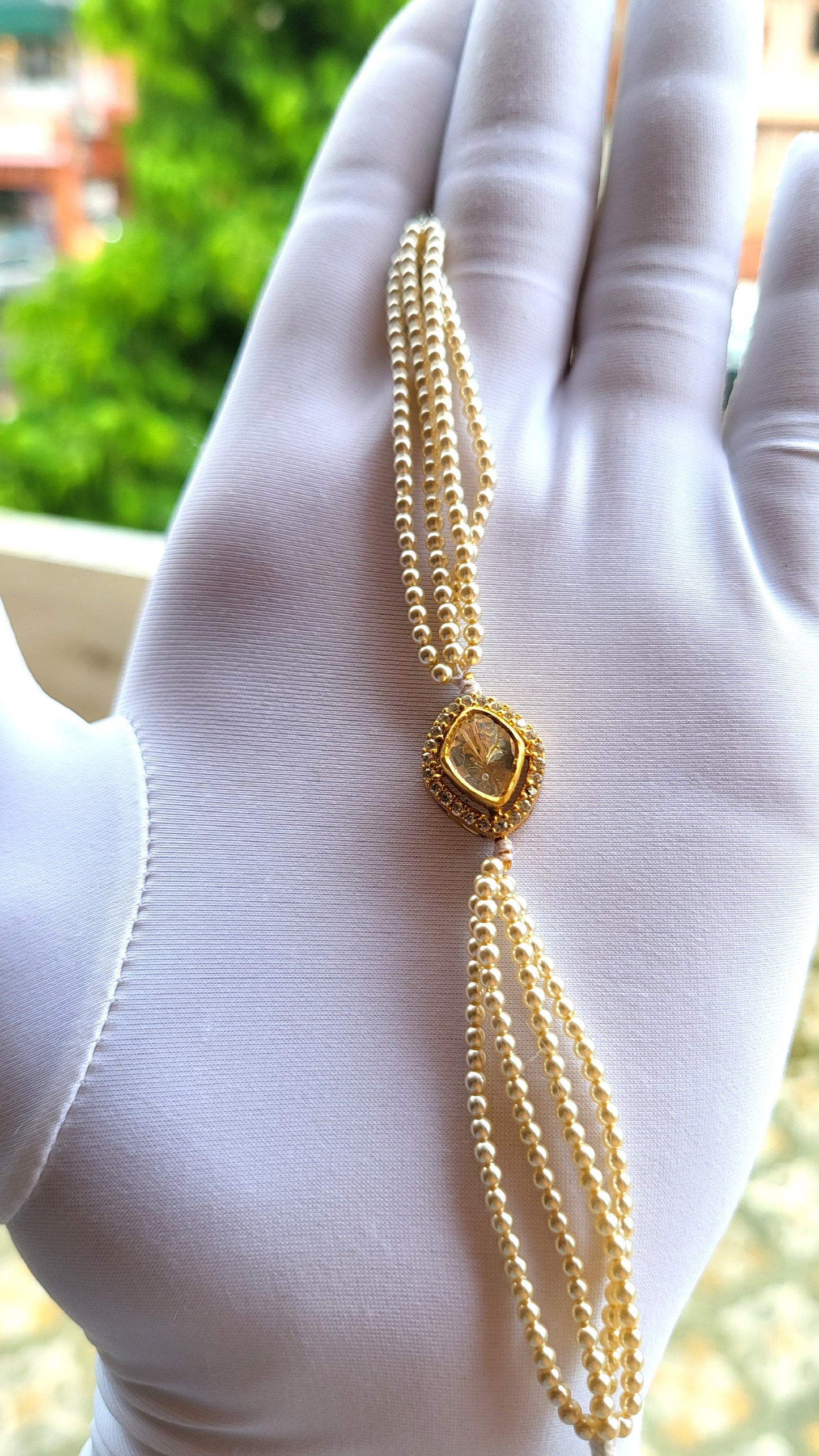 The Meher Bracelet – Drop-Shaped Polki Charm with Pearl Cascades