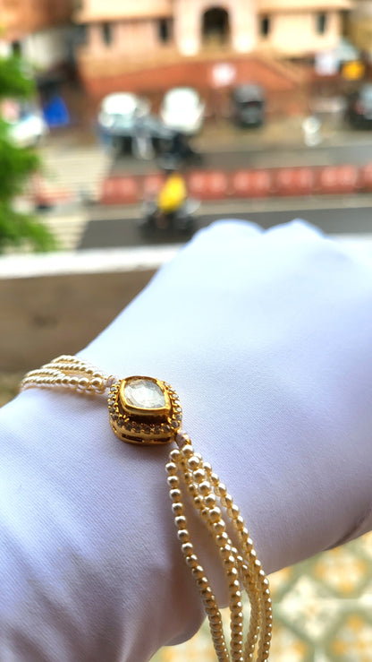 The Meher Bracelet – Drop-Shaped Polki Charm with Pearl Cascades