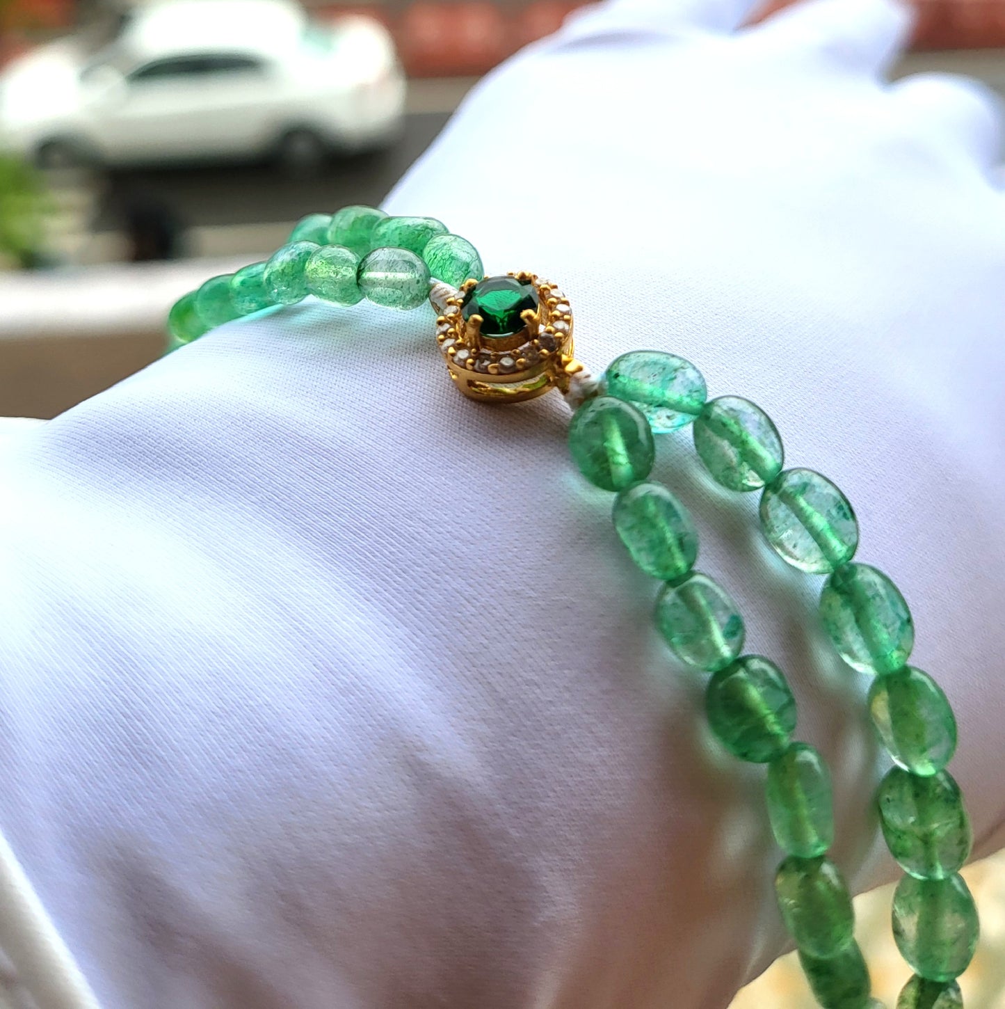Aafreen Emerald Bead Bracelet with Green Crystal Center
