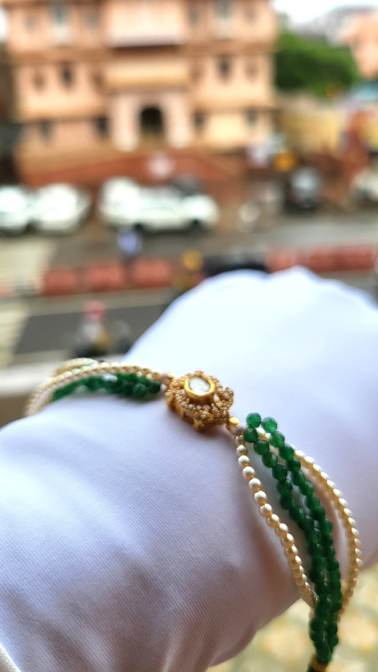 Inaaya Green Bead & Pearl Bracelet with Moissanite Polki Center