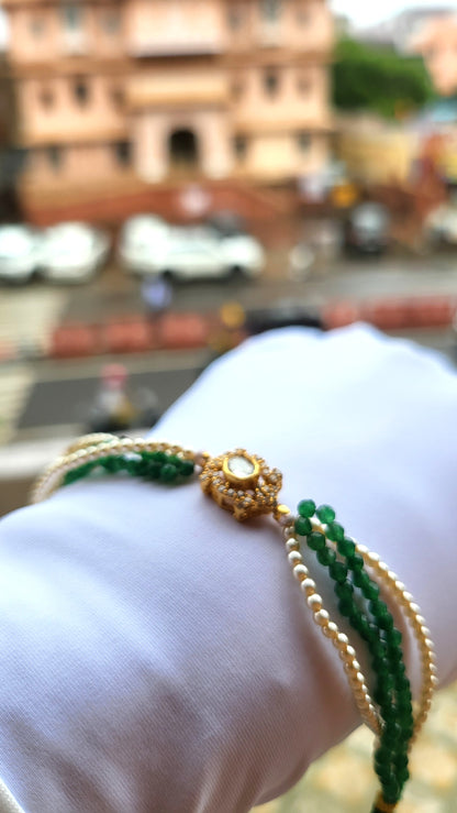 Inaaya Green Bead & Pearl Bracelet with Moissanite Polki Center