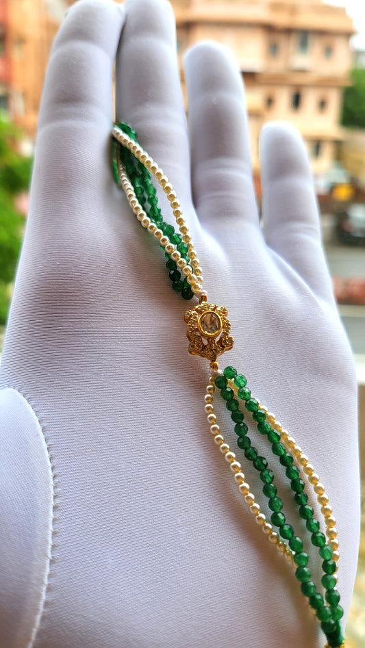 Inaaya Green Bead & Pearl Bracelet with Moissanite Polki Center