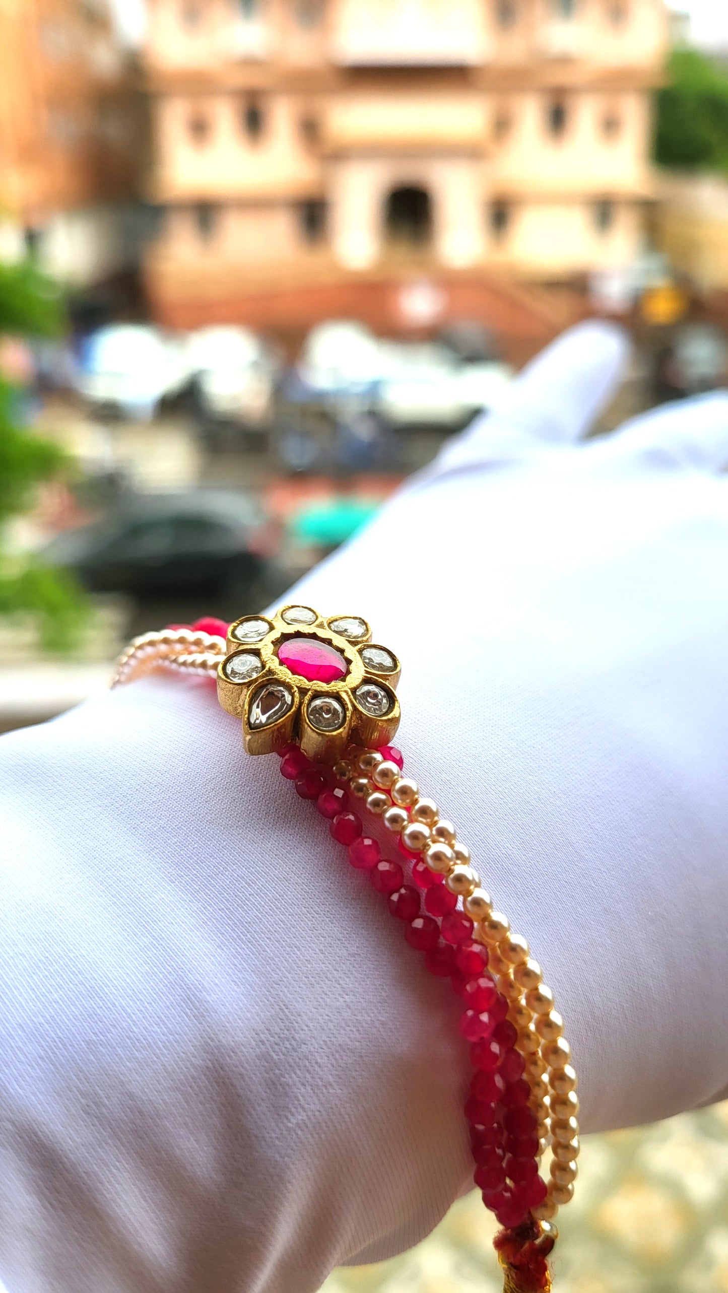 Tara Floral Kundan & Red Bead Bracelet