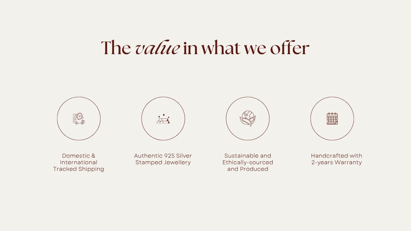 List of value propositions for a jewelry brand on a white background