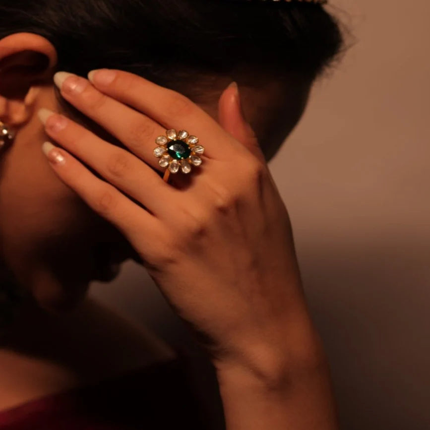 Polki Statement Ring with Emerald Green Center