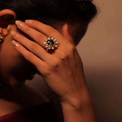 Polki Statement Ring with Emerald Green Center