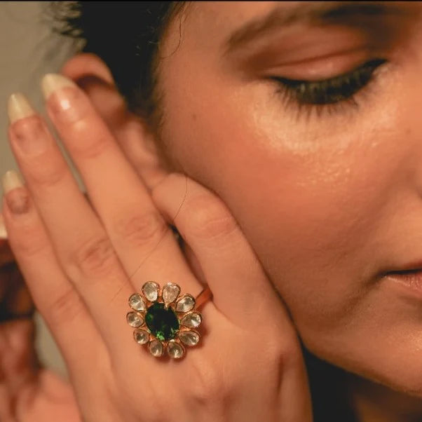 Polki Statement Ring with Emerald Green Center